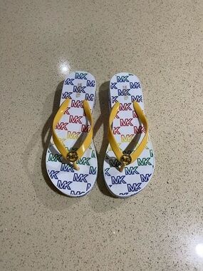 Michael Kors White MK Logo Flip Flops with Yellow Straps